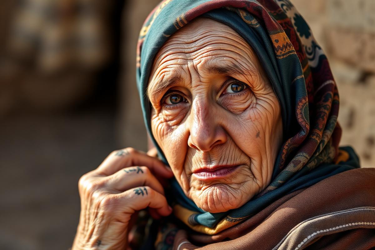 Elderly Amazigh woman with traditional indigo facial and hand tattoos wearing a patterned headscarf