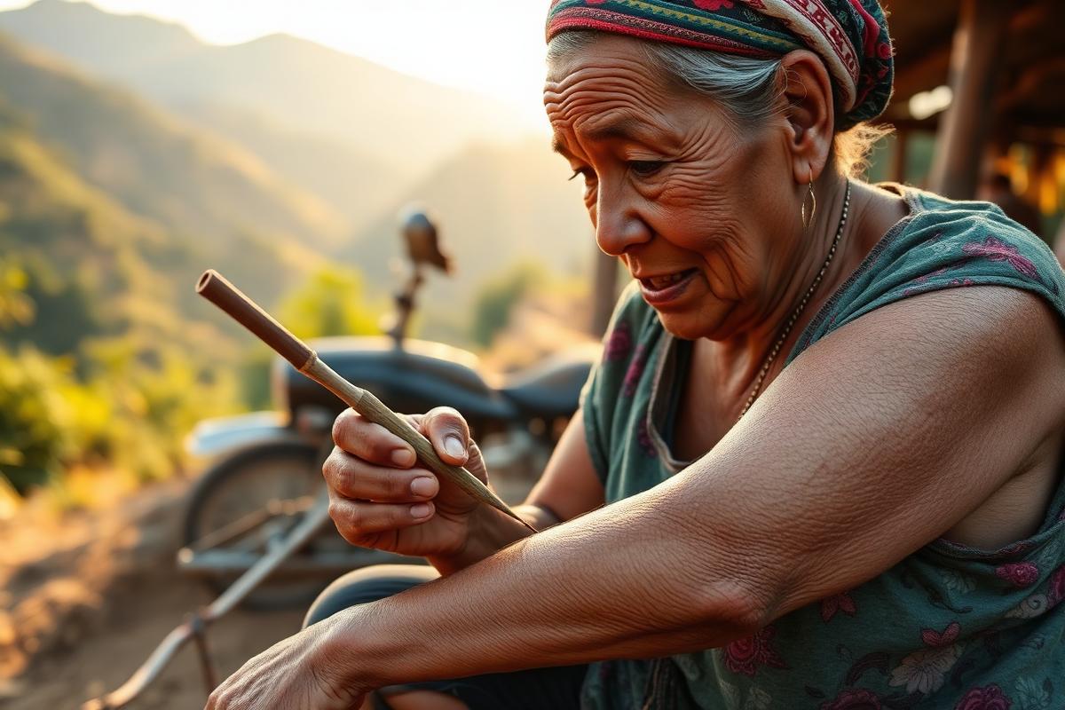 Kalinga elder hand-tapping batok tattoo onto a forearm with a thorn-tipped bamboo tool in a mountain village