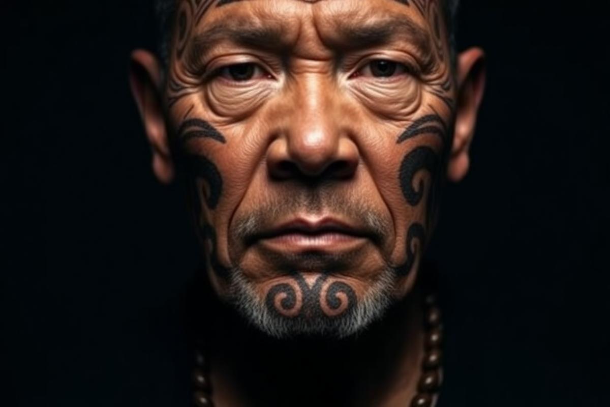Māori man with full-face tā moko spirals, dark studio portrait, dignified expression
