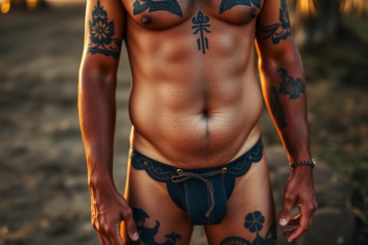 Samoan man with traditional hand-tapped pe'a tatau covering torso and thighs, photographed in warm evening light
